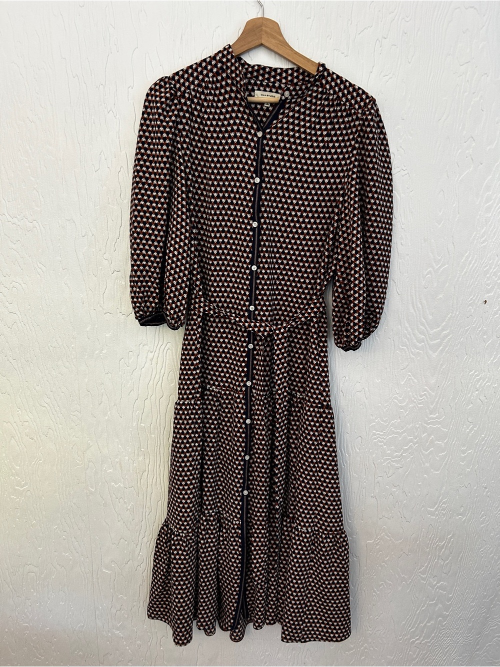 MAX STUDIO Puff Sleeve Tiered Maxi Dress Medium Retro Print Buttons Boho Office